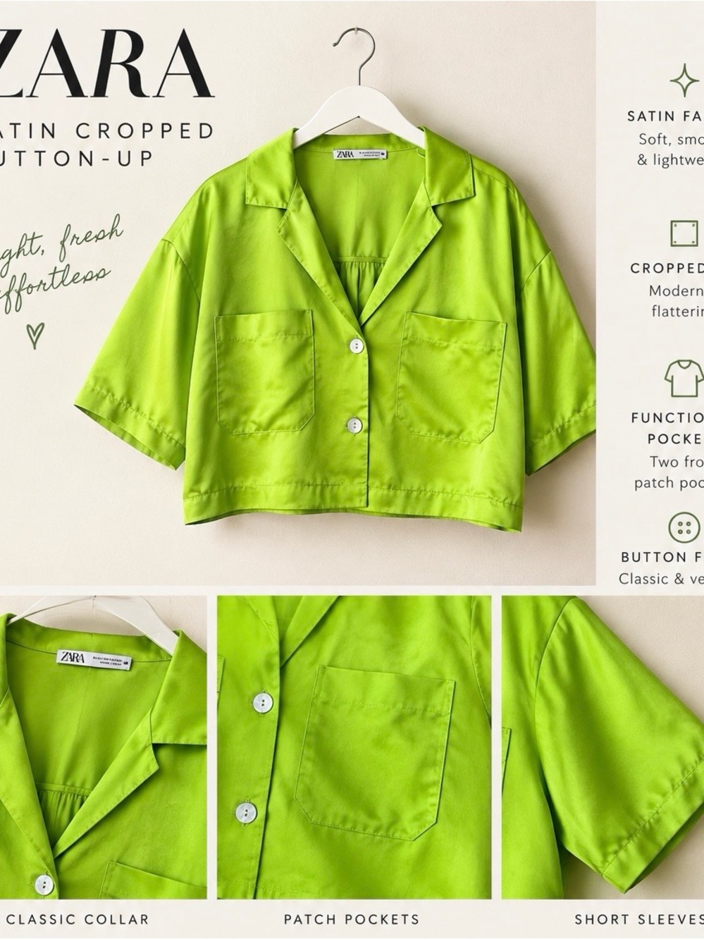 ZARA Bright Lime Satin Cropped Button-Down Shirt